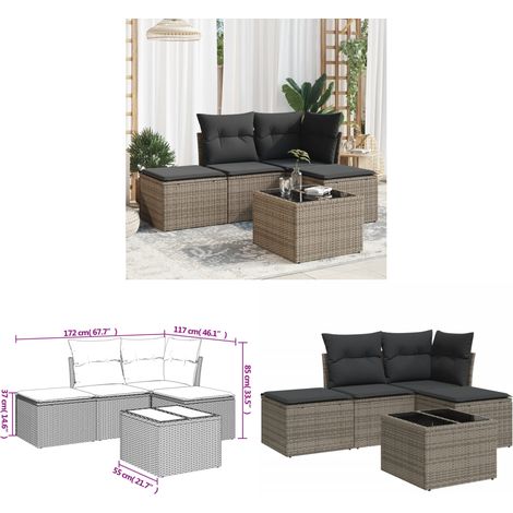 5-tlg. Garten-Sofagarnitur mit Kissen Grau Poly Rattan - Gartenmöbel Set - PE-Rattan Möbel - Outdoor Sofa - Esstisch - Lounge Set - Home & Living (1/3)