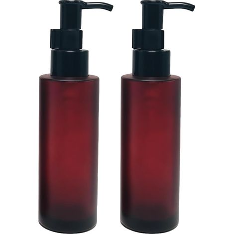 Juego de 2 botellas de vidrio ámbar de 100 ml con dosificadores de loción negros recargables para baño, cocina y jardín.