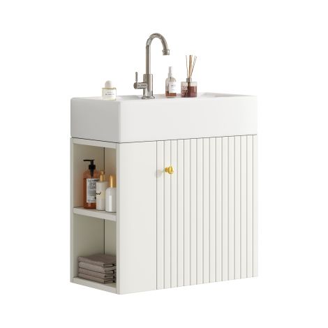 Lavabo de salle de bains, blanc, avec meuble sous-vasque suspendu, petit meuble de salle de bains pour invités, 55 × 31 × 66,5 cm (1/5)