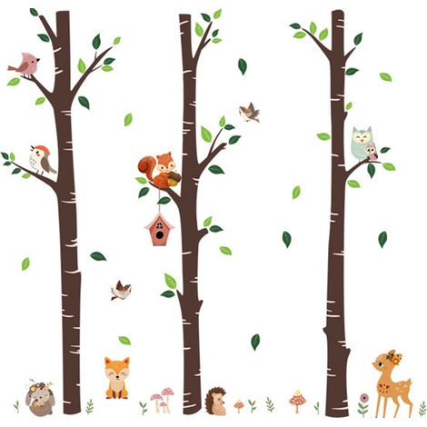 Stickers muraux animaux de la forêt, grands arbres, branches, stickers pour vitres, décoration salon/chambre, stickers dessins animés