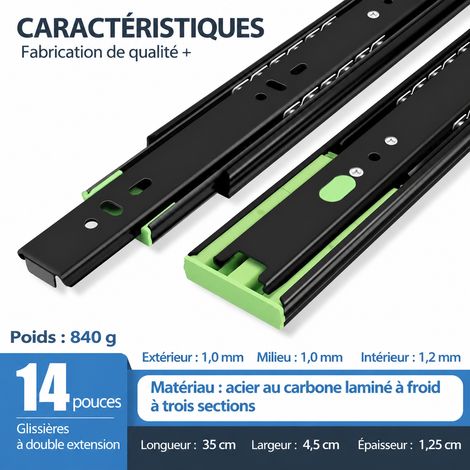 Coulisses de tiroir télescopiques 3 sections en acier noir extra épais 14 pouces 35 cm 14 35cm réf 8838 35 × 1 × 1 cm 978 g – Livraison gratuite