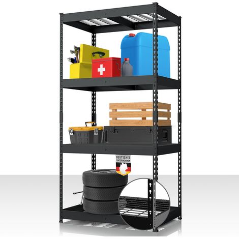 Étagère pour charges lourdes en acier avec tablettes grillagées Noir 180 x 90 x 60 cm, 4 étages, Charge maximale : 1000kg