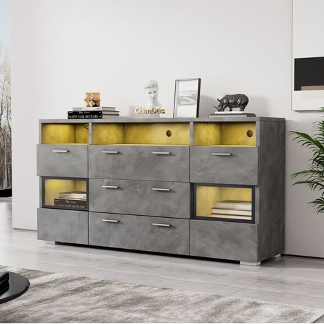 Aparador moderno 140x33.5x72.5 cm, con iluminación LED, puertas acrílicas transparentes, 2 puertas, 3 cajones, aglomerado gris (1/5)