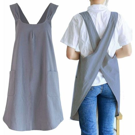 Tablier de jardin en lin japonais pour femme avec poches mignonnes pour cuisiner, peindre, jardiner, nettoyer, gris - gris foncé pour femme (1/5)