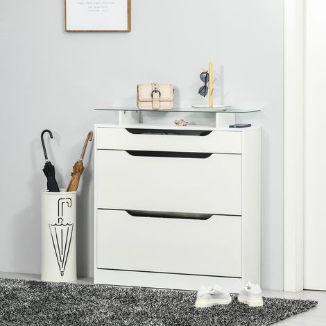 Meuble à chaussures fin moderne blanc bois‑verre, 2 portes basculantes et tiroir, 89 x 23 x 96 cm (1/5)