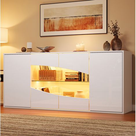 Buffet vitrine 160×35×70 cm en MDF blanc, LED RGB et 6 rangements pour salon – MEUBLIV (1/5)