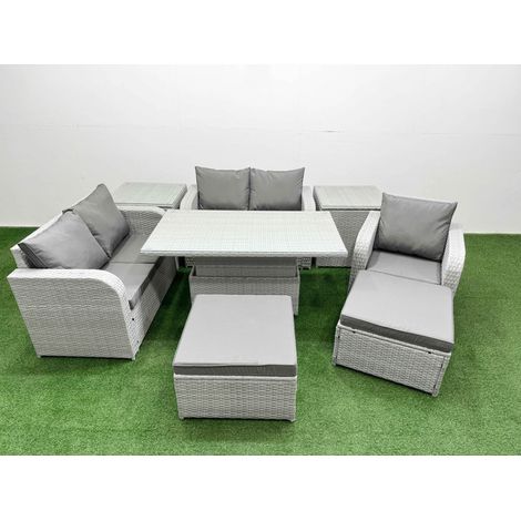 Fimous High Back Poly Rattan Garden Furniture Set with Reclining Chair Loveseat Sofa Adjustable Lifting Dining or Coffee Table Indoor Outdoor Patio Set 2 Big Stool 2 Side Table Light Grey (1/5)