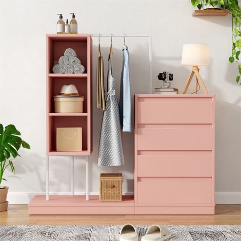Armario de entrada para niños - 140 x 40 x 135 cm - Mueble de almacenamiento con 4 cajones, 3 estantes y barra para colgar - Rosa y metal blanco (1/5)