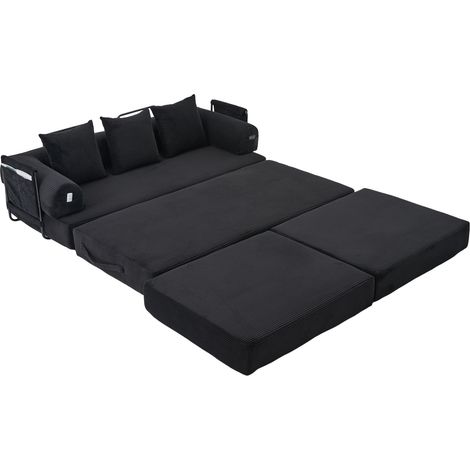 Divano modulare in velluto a coste nero con pouf, struttura in metallo, tasca laterale e 3 cuscini (1/5)