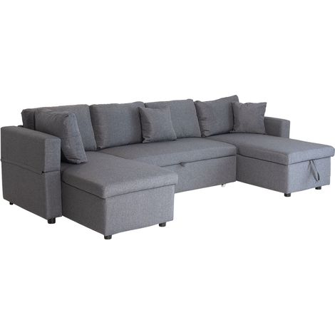 Happy Garden – Canapé panoramique convertible 4 places gris chiné – Dimensions L 294 × l 146 × H 85cm – Rangement sous méridienne – Revêtement polyester