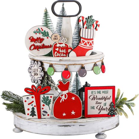 Plateau Décoratif Empilable - Décoration de Table Noël Campagne - Panneau Rustique en Bois - Ensemble de 3 Niveaux - Pour Intérieur et Salon