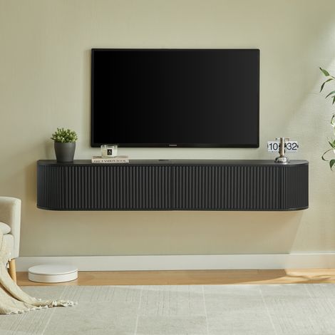 Meuble TV suspendu 180 cm avec passe-câbles, grand rangement et angles arrondis, noir, REDOM (1/5)