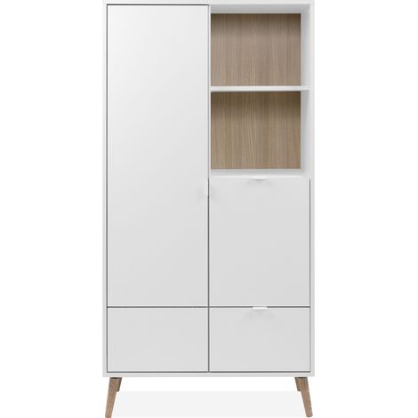 CALICOSY - Buffet haut 2 portes 1 tiroir décor blanc et chêne H155 cm KLINT