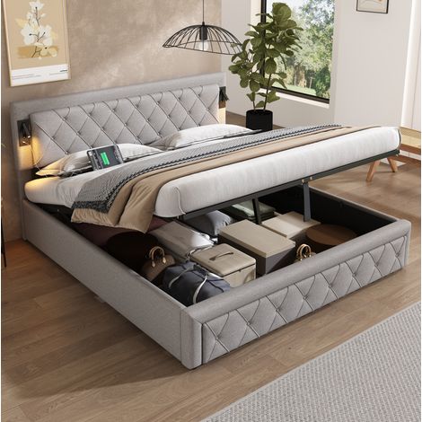Cama con almacenamiento de 180x200 cm en lino gris con puerto USB, iluminación integrada y base de láminas. (1/5)
