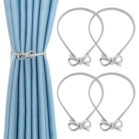 4 pièces embrasses argent pour rideaux, nœud papillon élastique réglable en alliage avec corde à ressort. (1/5)