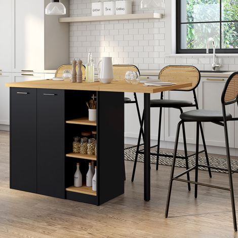 CESAR Isla central de 140 cm en madera negra con encimera efecto haya