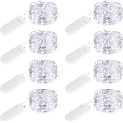 Guirlande Lumineuse À Piles - 20 LED Blanc Froid - Fil Argenté 2 M - Étanchéité IP65 - Pour Décoration Intérieure Extérieure - Lot De 8 (1/5)