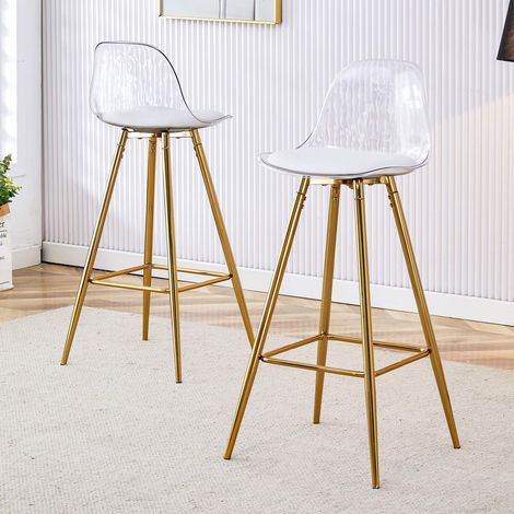 Lot de 2 tabourets de bar transparents, dossier design, pieds métal doré avec repose-pieds, chaise haute moderne pour cuisine (1/5)