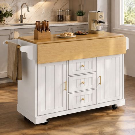 Isla de cocina 120x40x95 cm, extensible a ambos lados, con ruedas, 3 cajones y 2 puertas, MDF y metal blanco (1/5)