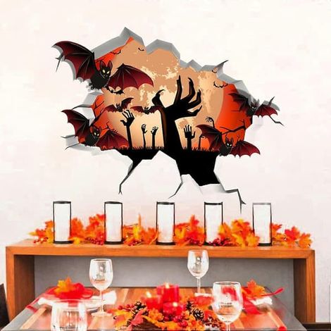 Stickers muraux Halloween 3D : main de fantôme déchirant un objet. Décoration murale Halloween pour salon ou fenêtre. Autocollants repositionnables. (1/5)