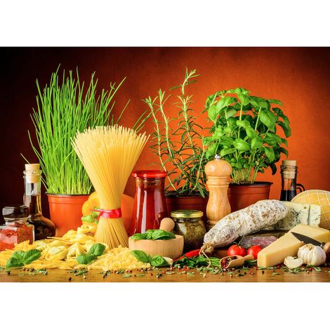 Tableau cuisine nourriture italienne | Tableau coloré vert & rouge pâtes & plantes aromatiques | Tableau sur toile moderne 0,7 x 0,5 m (1/2)