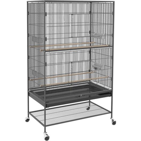 Voliera/gabbia per uccelli con posatoio e ripiano, dimensioni 94 x 57 x 153 cm, colore grigio, con sportello e ruote, disponibile in loco. (1/5)