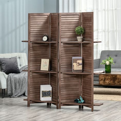 Paravent intérieur 4 Panneaux 162x170 centimètres 3 étagères Pliables séparateur de pièce Portes persiennes Bois de Paulownia Noyer (1/5)