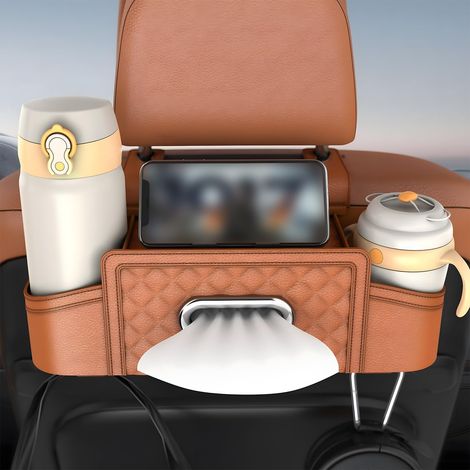Organisateur de siège auto avec porte-gobelet et boîte à mouchoirs, rangement multifonction en plastique pour accessoires de voyage. (1/5)