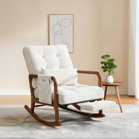 Fauteuil à bascule en cord beige avec repose-pieds et dossier (1/5)