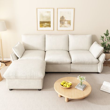 Canapé d'angle modulable 3 places 222,5x154,5x76,5 cm,pouf amovible,2 coussins,assise en mousse haute résilience,chenille,beige (1/5)