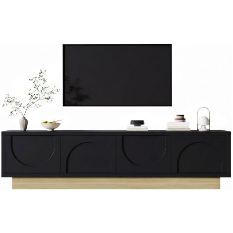 Meuble TV moderne noir effet bois – 175 cm – Design minimaliste et incurvé – Grand espace de rangement et gestion des câbles (1/5)
