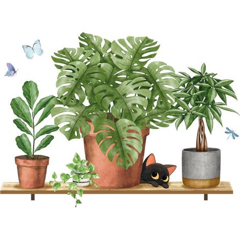 Autocollant mural plantes et chaton sur étagère (1/2)