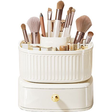 Portapennelli Girevole 360° con Coperchio – Design Elegante in ABS Crema Platino, Grande Capacità Antipolvere – Ideale per Trucco e Ufficio (1/5)