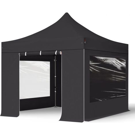 3x3 m gazebo pieghevole PVC ignifugo con laterali (finestre panoramiche), PREMIUM acciaio, nero (1/5)