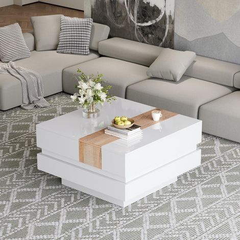 Table basse carrée - 70x70x39cm - extensible - rangement dissimulé - color block - MDF - blanc brillante (1/5)