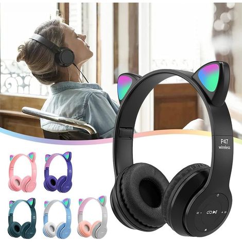 Trade Shop - Auriculares Para Niños Plegables Inalámbricos Con Orejas De Gato Led Bluetooth - (1/5)