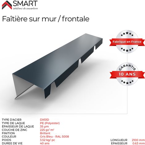 Bravo The Smart Solution – Faitière crantée TR45 – Bac acier 0.63mm – Coloris gris bleu RAL 5008 – Longueur 2.10m pour toiture durable