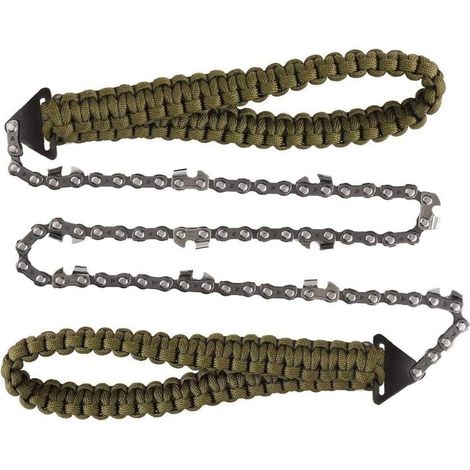Ce kit comprend une chaîne de tronçonneuse pliable à la main, une poignée en paracorde, un outil pliable pour l'extérieur, une chaîne à dents fines de 3/8", 34 sections, 11 dents de scie et une poigné