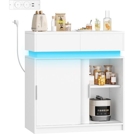 Credenza Cucina, Mobile Cucina con 2 Cassetti, 2 Ante Scorrevoli, Presa Elettrica e Illuminazione a LED, Ripiani Regolabili, stile Moderno, per Cucina, Soggiorno, Bianco (1/5)