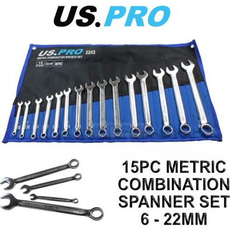 US PRO Tools 15PC Metric Combination Spanner Set 6 - 22MM 2243 (1/4)