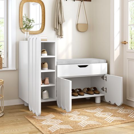 REDOM Meuble à chaussures 90x35x74.5 cm 3 portes tiroir MDF assise rembourrée blanc (1/5)
