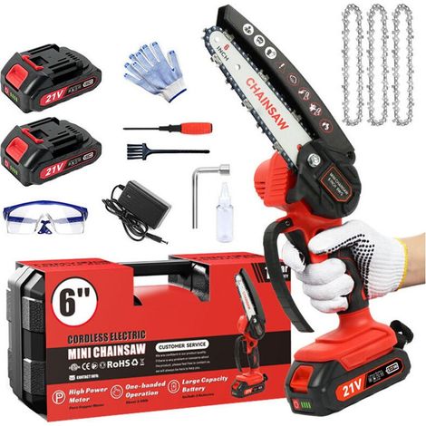 Mini tronçonneuse électrique, tronçonneuse électrique de 6 pouces avec 2 batteries, 1 tronçonneuse + 1 guide, mini tronçonneuse électrique sans fil 800 W