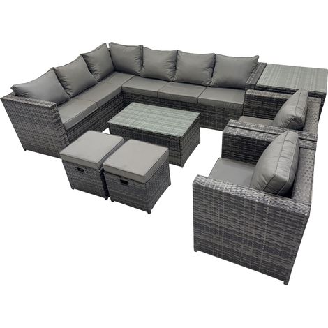 Fimous Outdoor Rattan Rectangular Coffee Table Corner Sofa Sets Garden Furniture Set with 2 Chairs 2 Small Stools Side Table Dark Grey Mixed (1/5)