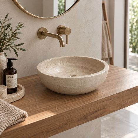 Vasque à poser ronde en pierre naturelle Travertin Beige GRKC Ø 33 cm - À l'unité - Ti'ma Stone (1/5)