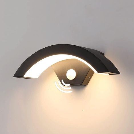 Lampe de sécurité pour luminaire, applique murale extérieure PIR à détecteur de mouvement à LED intégrée, appliques murales modernes résistantes aux intempéries (IP54) en arc noir pour porche, jardins (1/5)