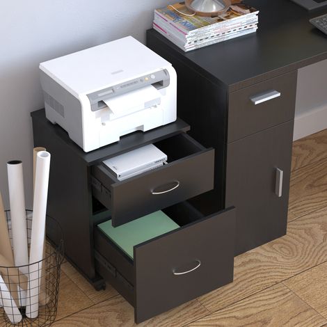 Noir 41x39x58cm - Classeur mobile en bois de type bureau et à domicile doté de roues et 2 tiroirs