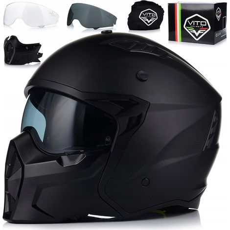 4-in-1 VITO PREDATOR MATT MOTORRADHELM, ABNEHMBARES MUNDVORTEIL + VISIER + 2 SICHTFELDER