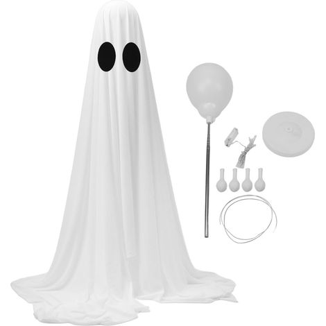 Fantôme lumineux à faire soi-même : fantôme blanc en tissu, décoré de guirlandes lumineuses et de ballons, idéal pour décorer votre maison, votre porche ou votre jardin pendant les fêtes. (1/5)