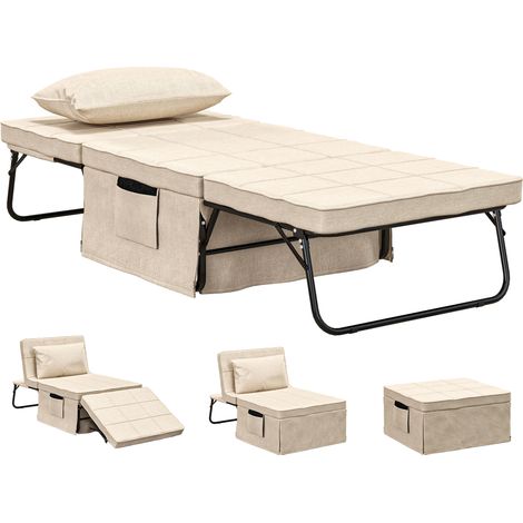 Sillón Cama Tapizado en Lino con Respaldo Ajustable de 5 Niveles Almohada Acolchada 75x80x74 cm Crema (1/5)