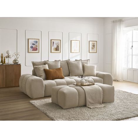 BOBOCHIC - Canapé droit fixe 3 places EVEREST tissu texturé avec pouf   Taupe (1/5)